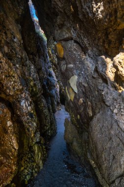 İspanya 'nın Nerja sahilindeki kayalar arasındaki gizli yolun güzel manzarası..