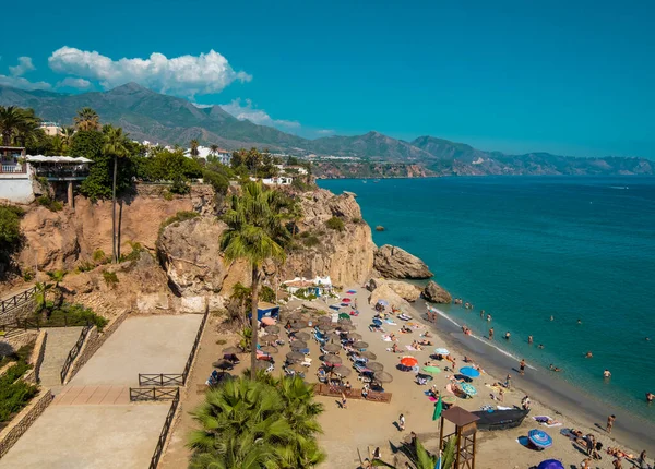 stock image Aerial view of the beautiful beach of Nerja in Spain