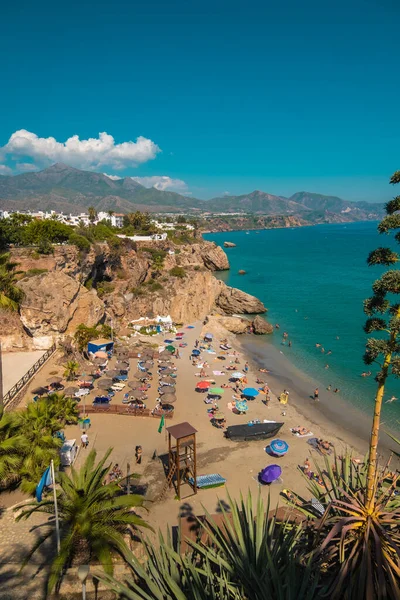 stock image Aerial view of the beautiful beach of Nerja in Spain.