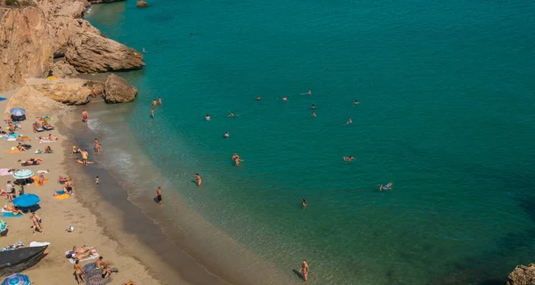 stock image Aerial view of the beautiful beach of Nerja in Spain.