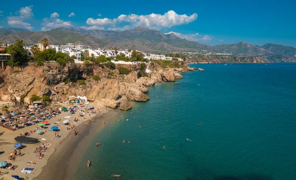 stock image Aerial view of the beautiful beach of Nerja in Spain