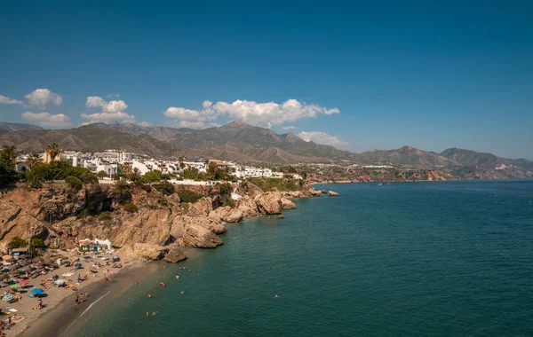 stock image Aerial view of the beautiful beach of Nerja in Spain