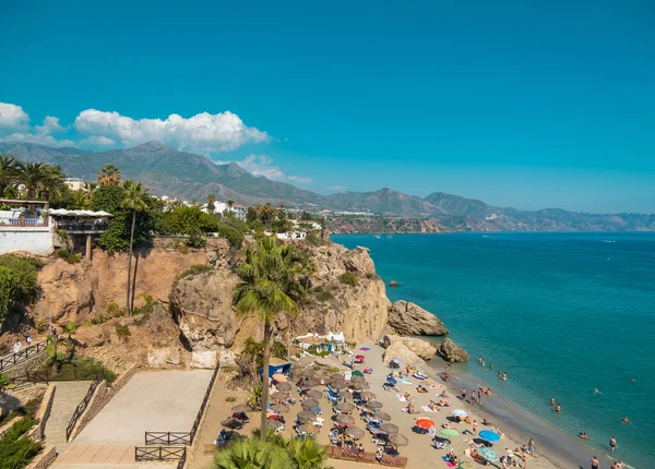 stock image Aerial view of the beautiful beach of Nerja in Spain