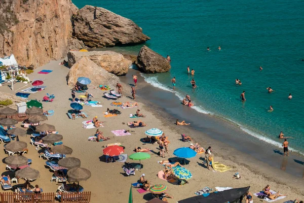 stock image Aerial view of the beautiful beach of Nerja in Spain.