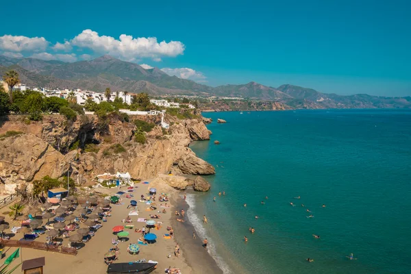 stock image Aerial view of the beautiful beach of Nerja in Spain.