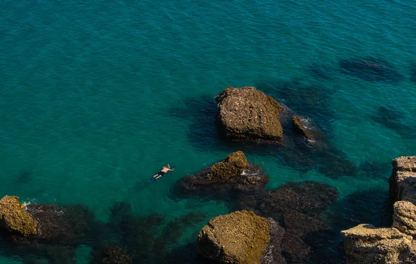 stock image Aerial top view of the beautiful beach of Nerja in Spain