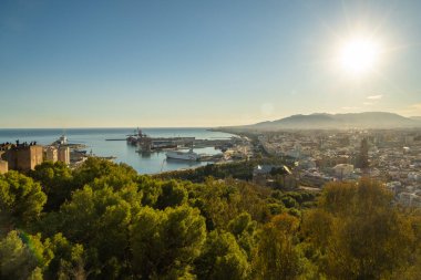 Malaga 'nın Malaga limanı, Endülüs, İspanya da dahil olmak üzere Gibralfaro şatosundan çekilmiş hava görüntüsü.