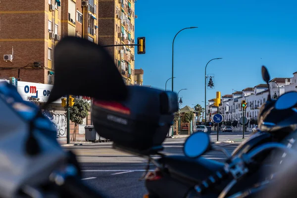 Kilátás Vintage Motorkerékpárok Parkolt Utcáin Malaga — Stock Fotó