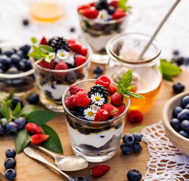 Doğal Yunan yoğurdu, taze yaban mersini, ahududu ve çilekten yapılmış sağlıklı bir tatlı ya da kahvaltı.