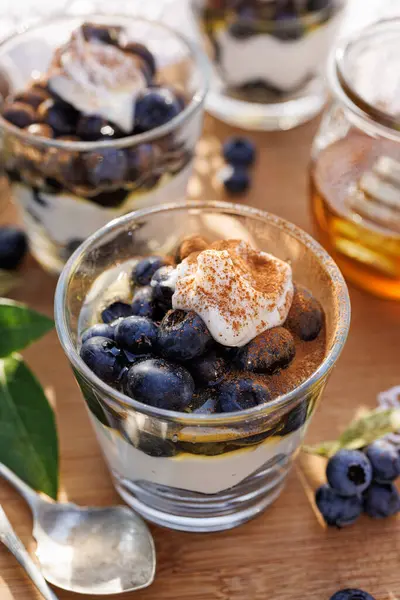 Healthy dessert or breakfast made of natural greek yoghurt, fresh blueberries and honey sprinkled with cinnamon, close up view