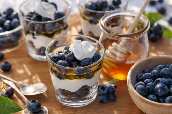 Здоровий Десерт Або Сніданок Натурального Грецького Йогурту Свіжої Чорниці Меду — стокове фото