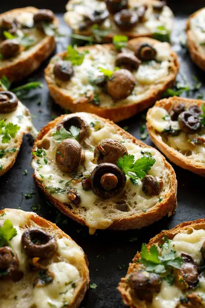 Toasts with cheese and mushrooms seasoned with herbs sprinkled with olive oil on a black background, close up view
