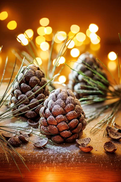 Chocolate Pine Cones Sprinkled Powdered Sugar Focus Cone Christmas Delicious — Stock Photo, Image