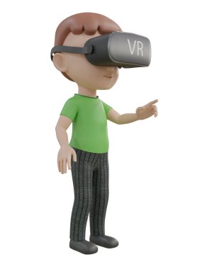 Sanal gerçeklik kulaklığı takan üç boyutlu bir çizgi film çocuğu görüntüsü.