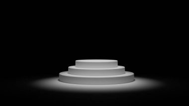 Silindir podyumun 3D çizimi. Parlayan ışık yarı daire katmanları sahnesi. Soyut asgari sahne modelleme ürünleri görüntüleme, sahne gösterimi.