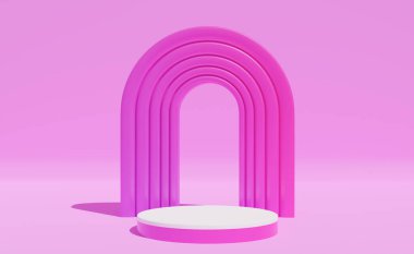 Pembe kürsülü 3D Soyut Kompozisyon. Yuvarlak Pedestal ve Kopyalama Alanlı Minimal Stüdyo. İniş Sayfası, Vitrin, Ürün Sunumu için Geleceğin İç Arkaplanı.