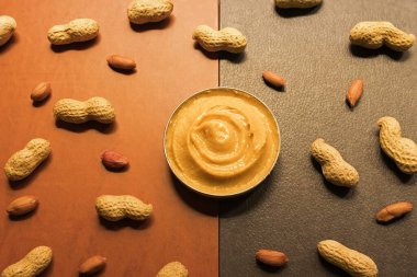 Overhead shot of a jar of peanut butter on a bicolor background with randomly arranged whole shelled peanuts