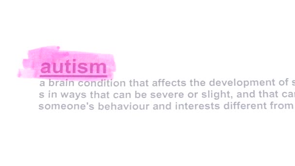 自闭症一词的英文定义 是一种精神障碍 以红色为重点 有白色背景 心理和精神病学特征 — 图库视频影像