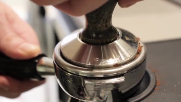 Barista Tampering Fresh Coffee Grounds Making Fresh Coffee — Stock Video
