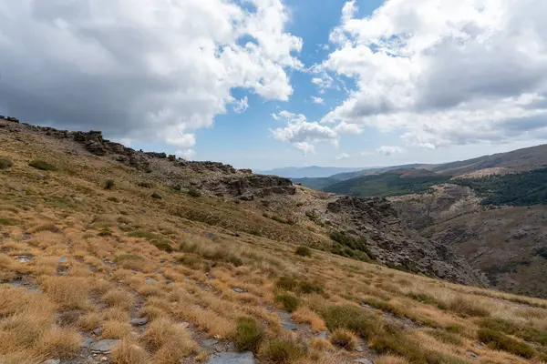 Sierra Nevada dağının yamacında kaya oluşumları, kayalar gri renkli, çalılar var, gökyüzünde bulutlar var.