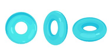 Mavi şişirilebilir halkalar. İzole edilmiş lastik halka tekerleği, havuz oyuncakları yüzen şamandıra tübü yaz vektör ilüstrasyonu için yüzen balonlar etrafında dönüyor. Şişme kauçuk