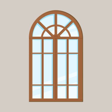 Kapalı pencere arkaplanda izole edildi. Ahşap çerçeve ve cam. Eski kemer camı. Vektör illüstrasyonu