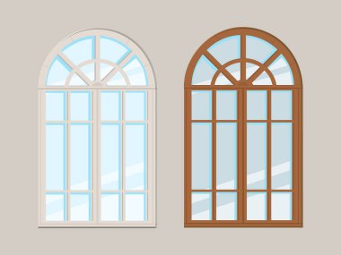 Kapalı kemerli pencereler izole edilmiş. Ahşap çerçeve ve cam. Vektör illüstrasyonu