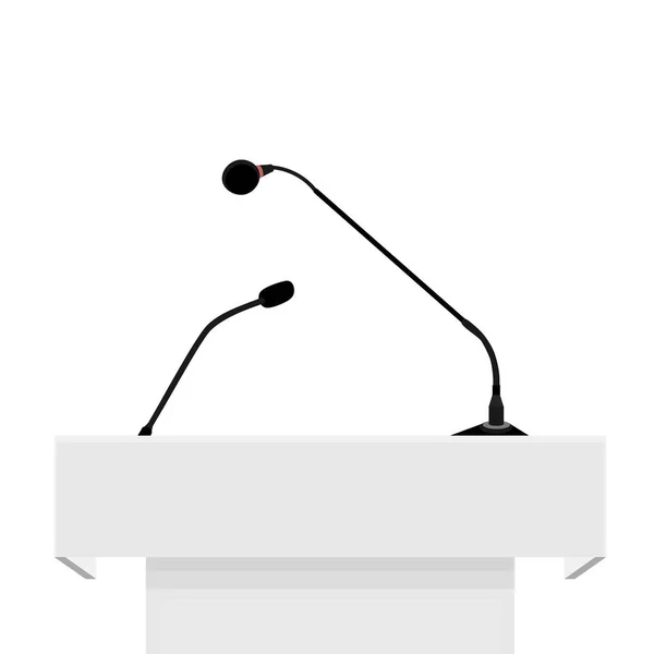 Presskonferensens Podium Tribun Tal Står För Debatt Högtalare Med Mikrofoner — Stock vektor