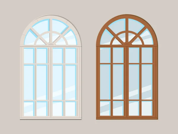Fenêtres Cintrées Fermées Isolées Cadre Bois Verre Illustration Vectorielle — Image vectorielle