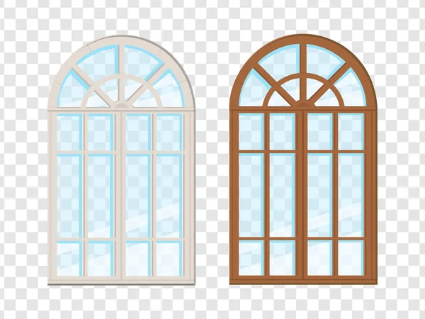 Closed Arched Windows Isolated Transparent Background Wooden Frame Glass Vector — Stock Vector