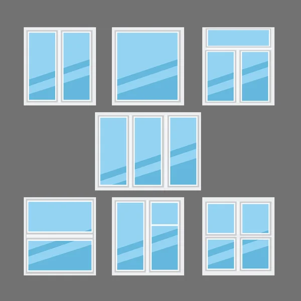 Jendela Dengan Bingkai Putih Mengatur Ilustrasi Vektor Berbagai Jenis Koleksi - Stok Vektor