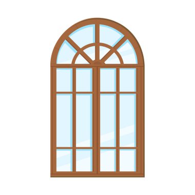 Closed window isolated on white background. Wooden frame and glass. Old arch window. Vector illustration clipart