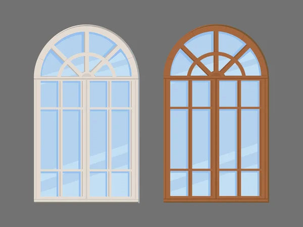 Fenêtres Cintrées Fermées Isolées Cadre Bois Verre Illustration Vectorielle — Image vectorielle