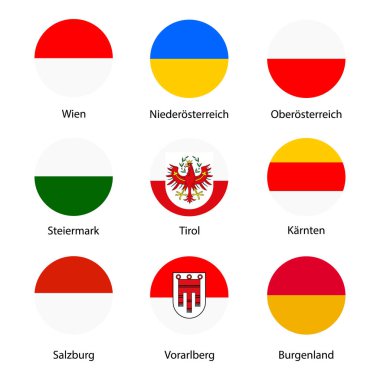 Vektör Icon set, bayrakları toplama Avusturya federal devletler. Burgenland, Vorarlberg, Salzburg, Tyrol, Carinthia, Styria, alt ve üst Avusturya.