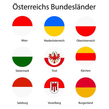 Vektör Icon set, bayrakları toplama Avusturya federal devletler. Burgenland, Vorarlberg, Salzburg, Tyrol, Carinthia, Styria, alt ve üst Avusturya.