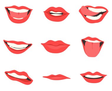 Cartoon cute mouth expressions facial gestures set with pouting lips smiling sticking out tongue isolated vector illustration clipart
