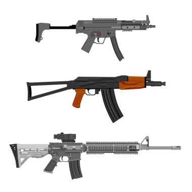 Silah koleksiyonu. Vektör illüstrasyon Kalaşnikov makineli tüfek aksu, m-16 ve mp5 beyaz arkaplanda izole. 