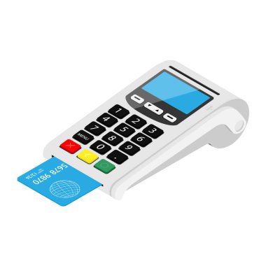 POS Terminal ödeme makinesi beyaz arka planda izole edilmiş. Banka Ödeme Terminali. NFC ödeme cihazı işleniyor. İzometrik görünüm