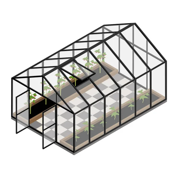 Estufa Numa Quinta Orgânica Tomates Crescentes Vista Isométrica Casa Vidro — Vetor de Stock