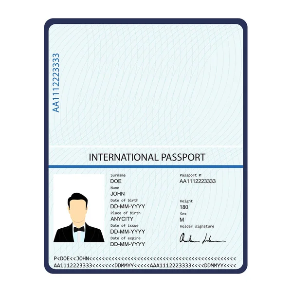 生体認証データのパスポート 身分証明書 サンプル個人データページ付き国際パスポートテンプレート — ストックベクタ