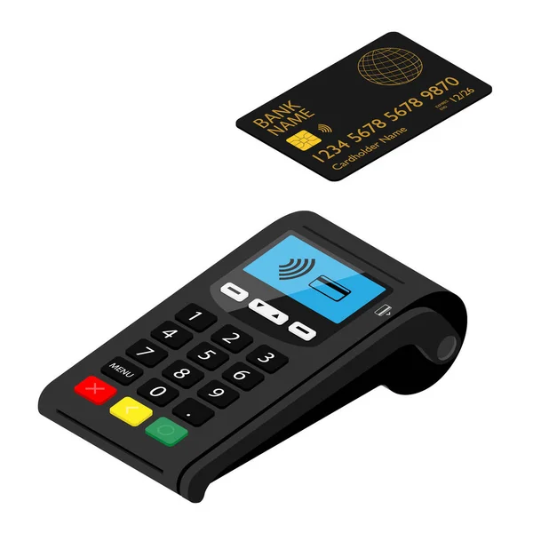 Kassenautomat Und Kreditkarte Isoliert Auf Weißem Hintergrund Bankzahlungsterminal Verarbeitung Von — Stockvektor