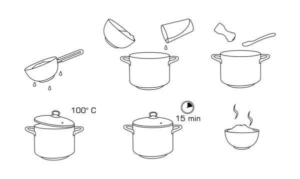 Birkaç Malzemeyle Nasıl Pilav Pişireceğimi Kahvaltı Için Pirinç Pişirme Süreci — Stok Vektör