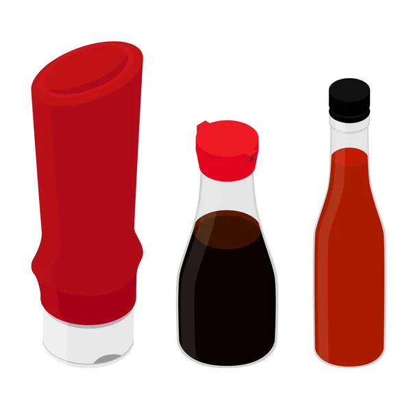 Butelki Ketchupem Pomidorowym Sosem Sojowym Gorącym Sosem Chili Odizolowane Białym — Wektor stockowy