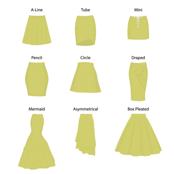 一套不同类型的裙子 美人鱼 不对称和盒形折叠 — 图库矢量图片