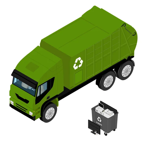 Müll Mülleimer Mit Sortiertem Müll Und Müllwagen Recycling Mülltrennung Sammlung — Stockvektor