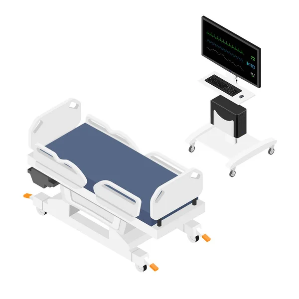 白い背景に隔離された患者のアイソメトリックビューのためのモバイル病院のベッドとバイタルサインモニター — ストックベクタ