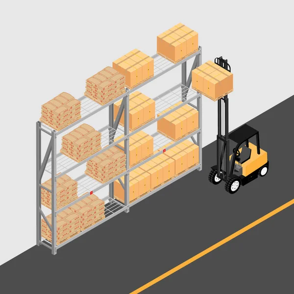 仓库内部有货架 叉车和箱子 物流服务概念 — 图库矢量图片