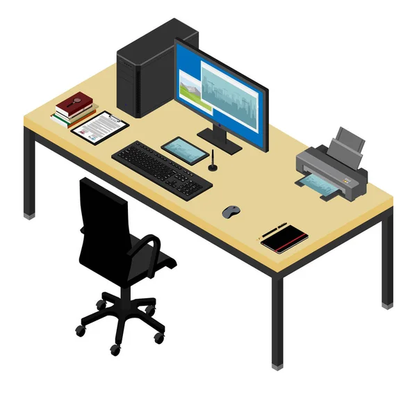 Pracovní Stůl Křeslo Počítač Notebook Tiskárna Grafický Tablet Smlouva Notebook — Stockový vektor