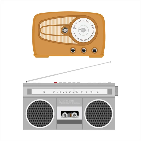 Retro old radio and cassette recoder. Vintage radio isolated on white background.