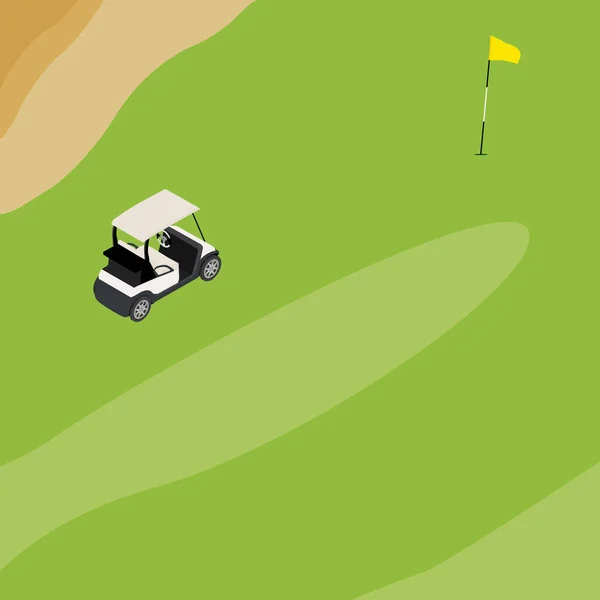 高尔夫球场 高尔夫球旗和高尔夫球车与蓝色高尔夫球杆袋 山区景观或背景 高尔夫球场 — 图库照片